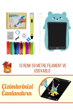 ORH Market 3D Kalem 3D Pen USB Kablolu Üç Boyutlu Yazıcı Kalem Printer Ve Mavi Panda Grafik Tablet Set - Sarı