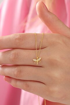 Bilsen Store Tamamı 925 Ayar Gümüş Altın Kaplama Minimal Yusufçuk Model Kolye