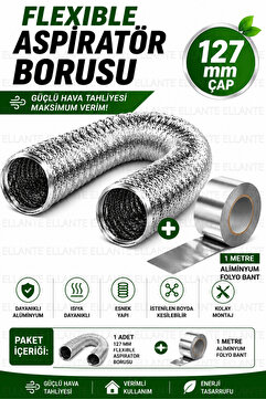 ellante 127 mm Flexible Aspiratör Borusu Alüminyum Havalandırma Kanalı Davlumbaz Baca Borusu Esnek Hava Tahl