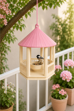PELIUS Kuş Yemliği Balkon Bahçe Askılı Dekoratif Kuş Evi Pembe Krem