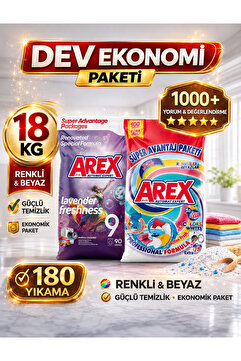 AREX "büyük Ekonomi Paketi ; Toz Çamaşır Deterjanı, Color&White 9KG + Sık Yıkananlar 9KG