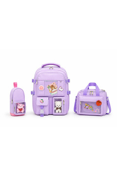QUOVO Kawaii Kore Tarzı Full Aksesuarlı Yerli Günlük Okul Çantası Kız Erkek Beslenme Kalemlik Çanta Seti