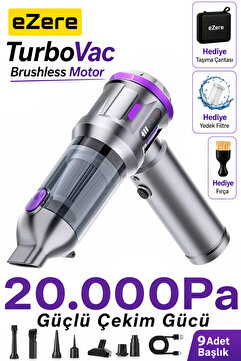 EZERE TurboVac 20000pa Güçlü Dijital Göstergeli Vakumlu Kablosuz Üflemeli Mini Araç Süpürgesi