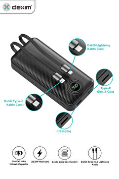 Dexim W4 20.000MAH 2x Type C Kablolu 22.5W Pd LED Göstergeli 18w Giriş 20w Çıkış Powerbank - DCA0068