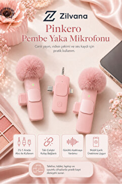 Zilvana Pinkero Pembe Kablosuz 2'li Yaka Mikrofonu Gürültü Azaltmalı Canlı Yayın Mikrofonu (Kılıf Hediyeli)