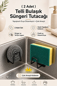 MissClean ( 2 Adet ) Telli Bulaşık Süngeri Tutacağı Yapışkanlı Evye Düzenleyici Çok Amaçlı