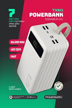 Powerway TX60 Beyaz Çoklu Çıkış Dijital Göstergeli Ekstra Kablolu 60.000 mAh (Gerçek 60.000 mAh Garantili) Po