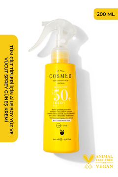 COSMED Tüm Cilt Tipleri için Aile Boy Yüz ve Vücut Sprey Güneş Kremi/SUN ESSENTIALS LOTION SPF50+ 200 ML