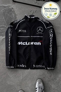 Lushen Siyah Beyaz Mclaren Unisex Motorcu Yağmurluk Rüzgarlık İnce Ceket