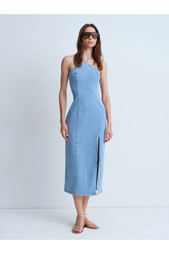 Dilvin 90580 Boyundan Bağlamalı Midi Denim Elbise-Mavi