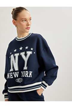 Koton Şardonlu Kolej Baskılı Bisiklet Yaka Biyeli Oversize Sweatshirt