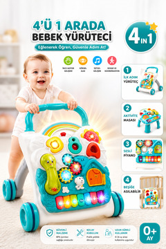YILDIRIM OYUNCAK Sesli Işıklı Pilli Piyanolu 4in1 Turkuaz Bebek Yürüteci 43 cm -İlk Yürüme Arkadaşım Destekli Işıklı