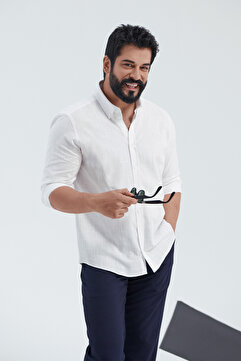 AC&Co / Altınyıldız Classics Erkek Beyaz Kolay Ütülenebilen %100 Pamuk Keten Görünümlü Nefes Alabilen Terletmez Slim Fit Gömlek