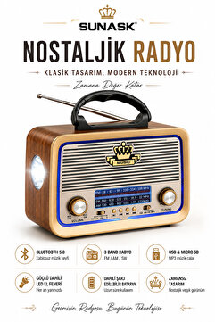 Sunask Sn-301 Bluetooth’lu Ledli Nostaljik Görünümlü Müzik Kutusu Usb Sd Kart Radyo Mp3 Çalar El Feneri