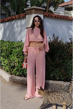 Havoş Pembe Şifon Pelerin Bluz Pantolon Takım
