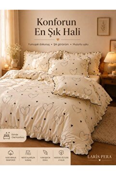 Larispera %100 Pamuk Ranforce Çift Kişilik Nevresim Seti 200x220 cm Fırfırlı Nevresim +2 Adet Yastık Kılıfı Yumuşak Nefes Alabilen Kalp Desenli