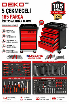 DEKO TURKEY XL TREND İZELTAŞ SERİ 5 Çekmeceli İçi Dolu 185 PARÇA Full Set Alet Dolabı Atölye Usta Takım Arabası