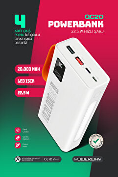 Powerway 20.000 Mah Pd 22.5w Kablolu 3.0 Hızlı Şarj Gerçek 20.000 Mah Garantili Işıklı Qc20 Beyaz Powerbank