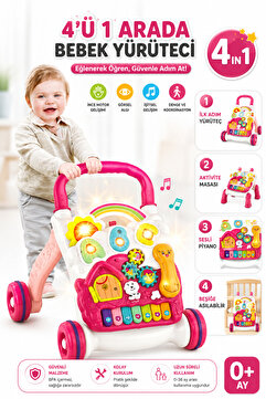 YILDIRIM OYUNCAK Sesli Işıklı Pilli Piyanolu 4in1 Turkuaz Bebek Yürüteci 43 cm -İlk Yürüme Arkadaşım Destekli Işıklı