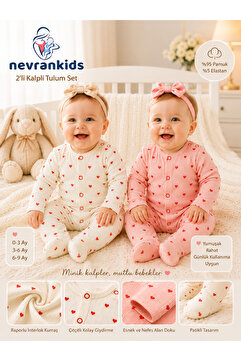 nevrankids Heart Pattern 2’li Yenidoğan Kız Bebek Tulum