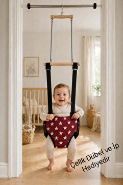 BBS Bordo Yıldız Desenli Bebek Zıpzıp - Yaylı Hoppala ve Gelişim Salıncağı Çelik Dübel ve İp Tam Set