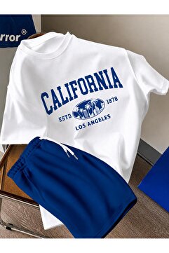 trendgar Saks Mavisi Şort Ve Beyaz California Basklı Tişört Alt Üst Takım