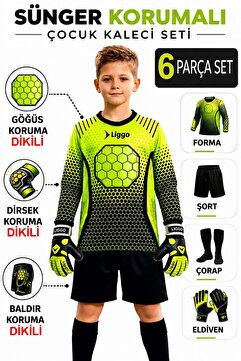 Liggo Çocuk Kaleci Eldiveni Göğüs Sünger Destekli Çocuk Higuita Kaleci Forma Şort Çorap Takımı