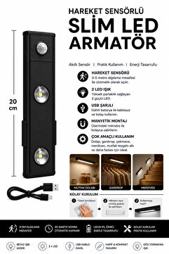 Neo Vista Slim Led Kabin Armatürü Hareket Sensörlü Dekoratif Gece Lambası Usb Şarjlı Aydınlatma 20 Cm SİYAH 2W