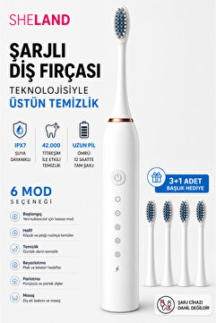 Sheland Şarjlı Sonic Elektrikli Diş Fırçası, 42.000 Titreşim, 6 Mod, 3+1 Başlık, IPX7 Su Geçirmez