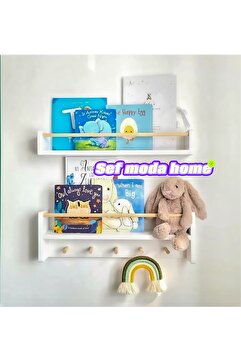 Sef moda 50 Cm 2’li Montessori Askılıklı Duvar Rafı Kitaplık Beyaz Mdf