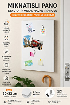Dünya Magnet Mıknatıslı Pano Beyaz 50x32 cm Dekoratif Metal Magnet Panosu , Not Fotoğraf Duvar Panosu