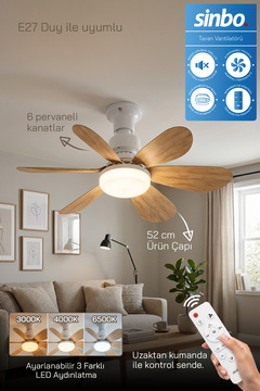 Sinbo SF-7708 3 LED Aydınlatmalı Sessiz Tavan Vantilatörü Kumandalı 6 Kanatlı - Ahşap Renk