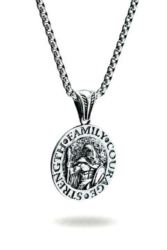 AK STORE SİLVER Erkek, Cesaret, Güç, Aile (Courage,Strength,Family) K-107 Paslanmaz Kromix Çelik Gümüş Kaplama Kolye