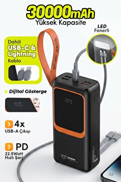 7GO GPW-08 30000mAh PD22.5W Hızlı Şarj Powerbank | 4 USB Çıkışlı, Dahili Type-C & Lightning Kablolu,