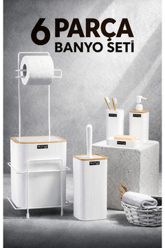 Okyanus Home Beyaz Kare Mina Due Standlı Wc Kağıtlık Ve 6 Parça Banyo Seti