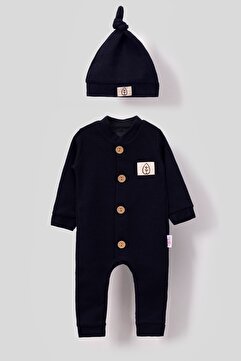 Bubito Unisex Tahta Düğme Görselli Şapkalı Şık Bebek Tulum-Mavi