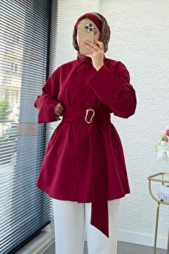 MELEK ARAZ Bronş Detaylı Geniş Kemerli Poplin Tunik – Bordo