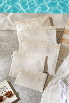 Ocean Home Textile 5'li Su Geçirmez Pvc Astarlı Bej Dama Desen Mayo Islak Kuru Kirli Temiz Çamaşır Çantası