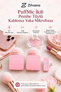 Zilvana PuffMic Pembe Tüylü Kablosuz 2'li Yaka Mikrofonu Type-C Lighting Uyumlu Canlı Yayın Mikrofonu