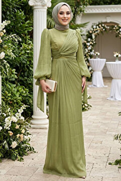 N.S NEVA STYLE Drape Detaylı Çağla Yeşili Tesettür Abiye Elbise 52285CY
