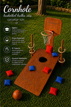 Kids 3’ü 1 Arada Ahşap Bahçe Oyunu | Cornhole Basketbol Halka Atma Eğitici Çocuk Oyuncağı