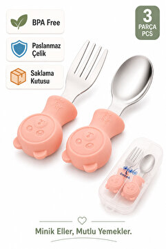 jojobebek Premium Çocuk BPA Free Kaliteli Silikon Saplı Paslanmaz Çelik Uçlu Çatal-Kaşık (PEMBE)