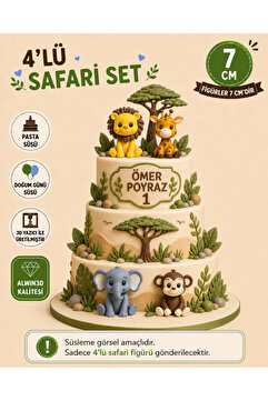 Alwin3d Safari 4lü Set Pasta Süsü, Doğum Günü Aslan, Maymun, Zürafa, Fil