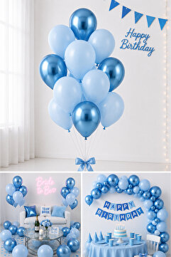 Parti Dolabı 15li Krom Mavi Ve Makaron (PASTEL MAT) Doğum Günü Parti Süsleme Balonu
