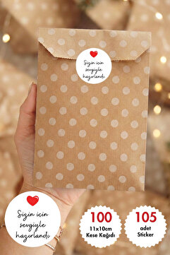 Bimotif 100'lü Hediye Paketi Seti – 100 adet 11x20 cm Puantiyeli Kese Kağıdı + 105 adet Sticker
