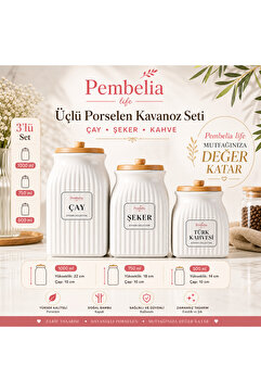 Pembelia Life 3 Boy Bambu Vakumlu Porselen Çay Şeker Kahve Kavanozu 3'lu Saklama Takımı 1000ml,750ml,500ml