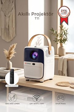 Torima Projeksiyon Cihazı Taşınabilir Ev Sineması 4K 1080P Bluetooth Android Akıllı Projektör T11 Beyaz