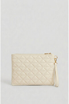 Bagfoni Krem Üçgen Desenli Portföy Clutch El Çantası