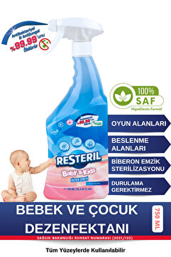 Resteril Bebek Yüzey Temizleyici Durulanmayan Çok Amaçlı Dezenfektan Sprey Mama Sandalyesi Oyun Matı Oyuncak Hijyen Spreyi Baby Kids 750ml