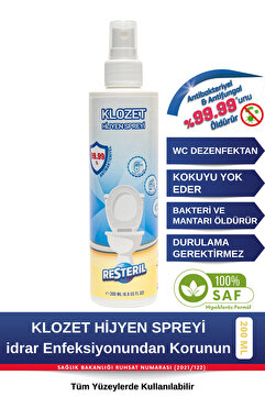 Resteril Klozet Temizleyici Hızlı Etkili Dezenfektan Sprey Klozet Kapağı Temizleyici Alkolsüz Hipokloröz Asit Tuvalet Koku Giderici 200ml